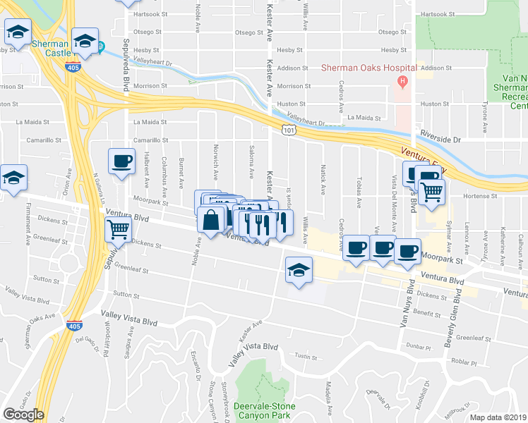 map of restaurants, bars, coffee shops, grocery stores, and more near 14911 Moorpark Street in Los Angeles
