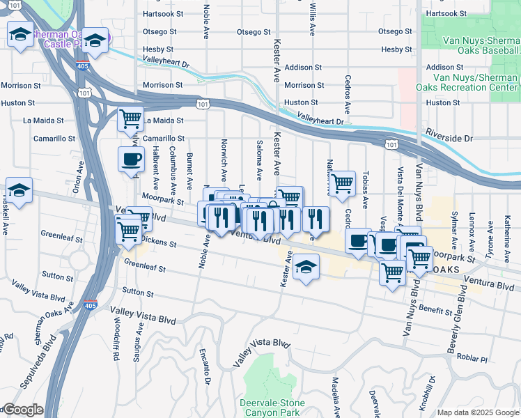 map of restaurants, bars, coffee shops, grocery stores, and more near 14911 Moorpark Street in Los Angeles