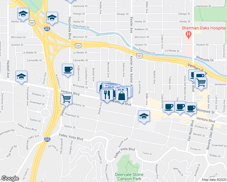 map of restaurants, bars, coffee shops, grocery stores, and more near 14958 Moorpark Street in Los Angeles
