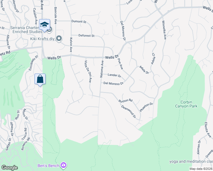 map of restaurants, bars, coffee shops, grocery stores, and more near 20401 Ruston Road in Los Angeles