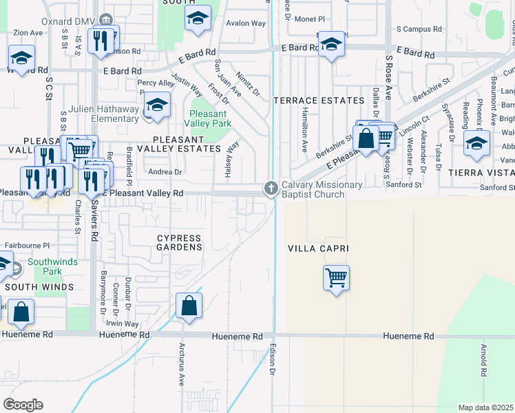 map of restaurants, bars, coffee shops, grocery stores, and more near 5182 Longfellow Way in Oxnard