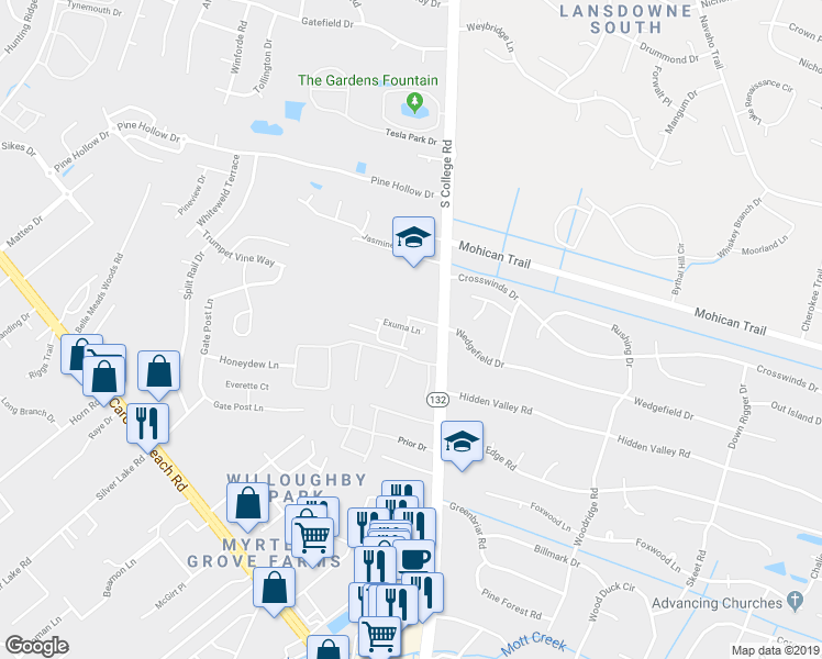 map of restaurants, bars, coffee shops, grocery stores, and more near 4518 Exuma Lane in Wilmington