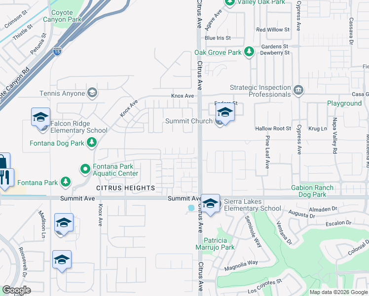 map of restaurants, bars, coffee shops, grocery stores, and more near 16040 Jamie Lane in Fontana