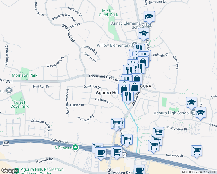 map of restaurants, bars, coffee shops, grocery stores, and more near 29185 Quail Run Drive in Agoura Hills
