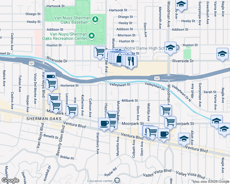 map of restaurants, bars, coffee shops, grocery stores, and more near 4525 Murietta Avenue in Los Angeles