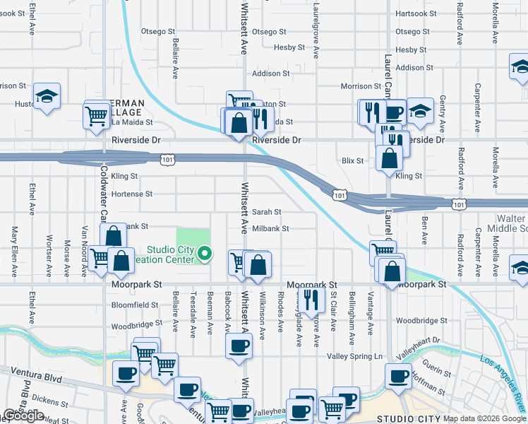 map of restaurants, bars, coffee shops, grocery stores, and more near 12427 Sarah Street in Los Angeles