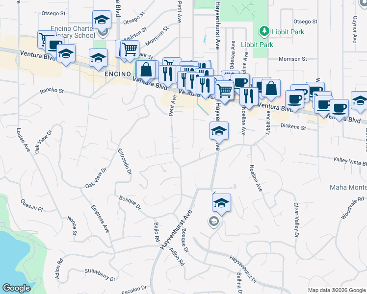 map of restaurants, bars, coffee shops, grocery stores, and more near 16631 Nanberry Road in Los Angeles
