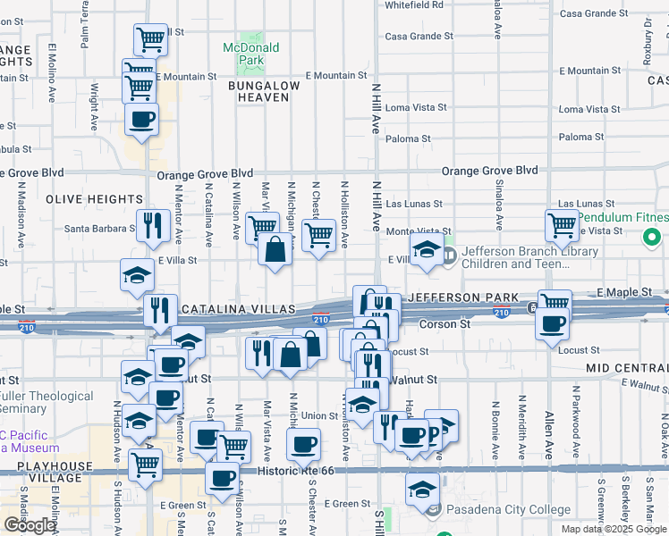 map of restaurants, bars, coffee shops, grocery stores, and more near 1302 East Villa Street in Pasadena