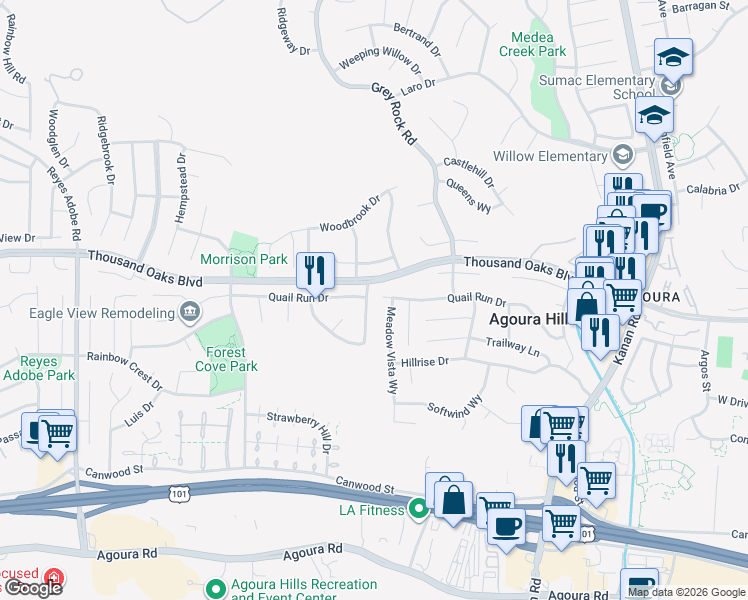 map of restaurants, bars, coffee shops, grocery stores, and more near 5642 Silver Valley Avenue in Agoura Hills
