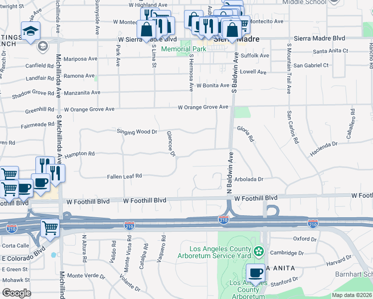 map of restaurants, bars, coffee shops, grocery stores, and more near 870 Hampton Road in Arcadia