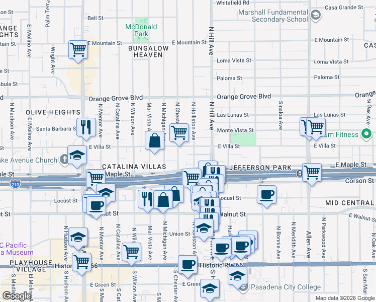 map of restaurants, bars, coffee shops, grocery stores, and more near 1302 East Villa Street in Pasadena