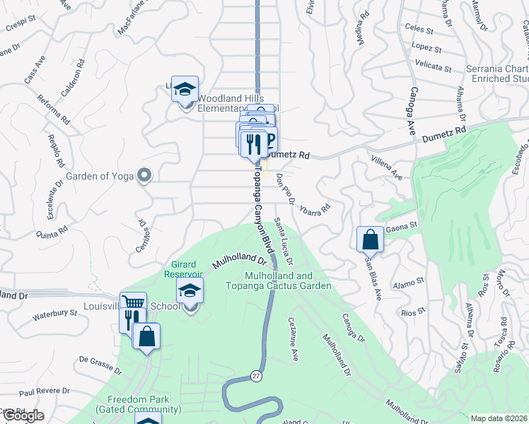 map of restaurants, bars, coffee shops, grocery stores, and more near 4784 Topanga Canyon Boulevard in Los Angeles