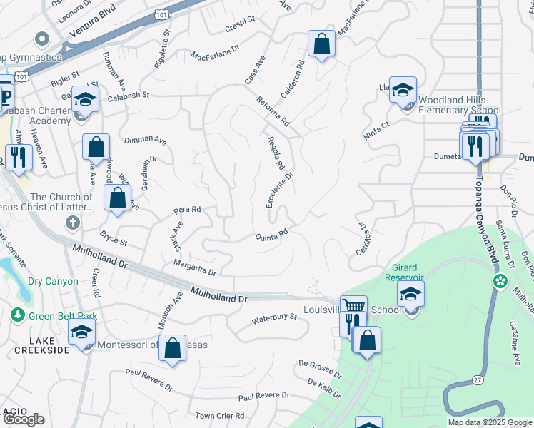 map of restaurants, bars, coffee shops, grocery stores, and more near 4763 Excelente Drive in Los Angeles