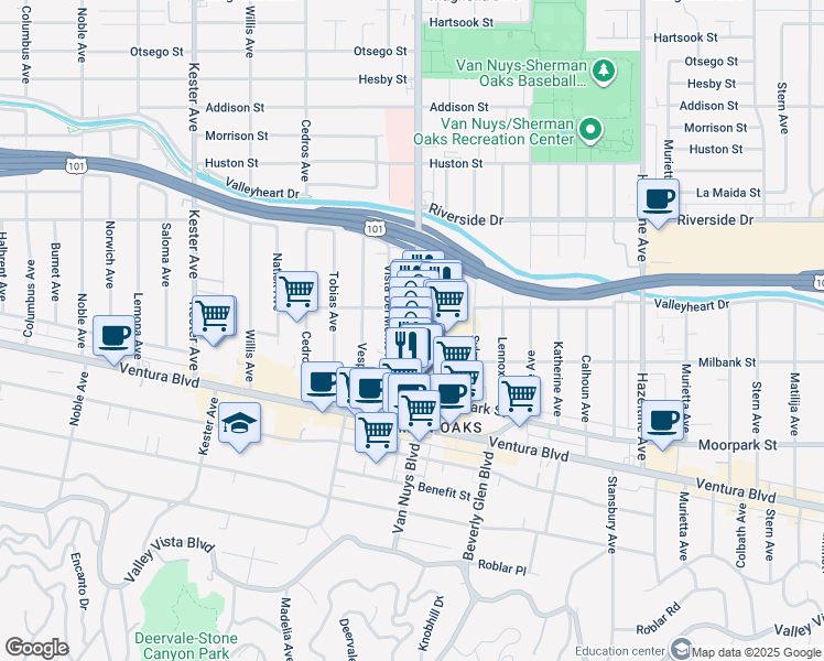 map of restaurants, bars, coffee shops, grocery stores, and more near in Los Angeles