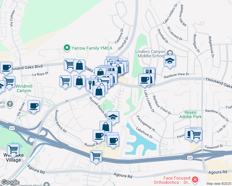 map of restaurants, bars, coffee shops, grocery stores, and more near in Thousand Oaks