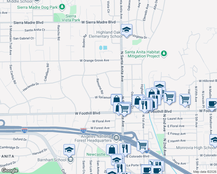map of restaurants, bars, coffee shops, grocery stores, and more near 36 Woodland Lane in Arcadia