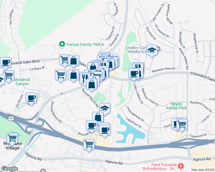 map of restaurants, bars, coffee shops, grocery stores, and more near 30813 Paris Court in Westlake Village
