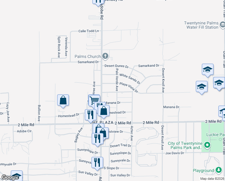 map of restaurants, bars, coffee shops, grocery stores, and more near 73785 Siesta Drive in Twentynine Palms