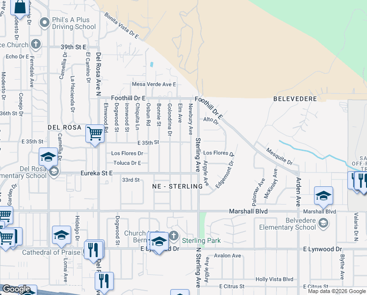 map of restaurants, bars, coffee shops, grocery stores, and more near 5493 Elm Avenue in San Bernardino