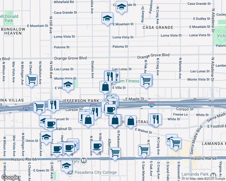 map of restaurants, bars, coffee shops, grocery stores, and more near in Pasadena