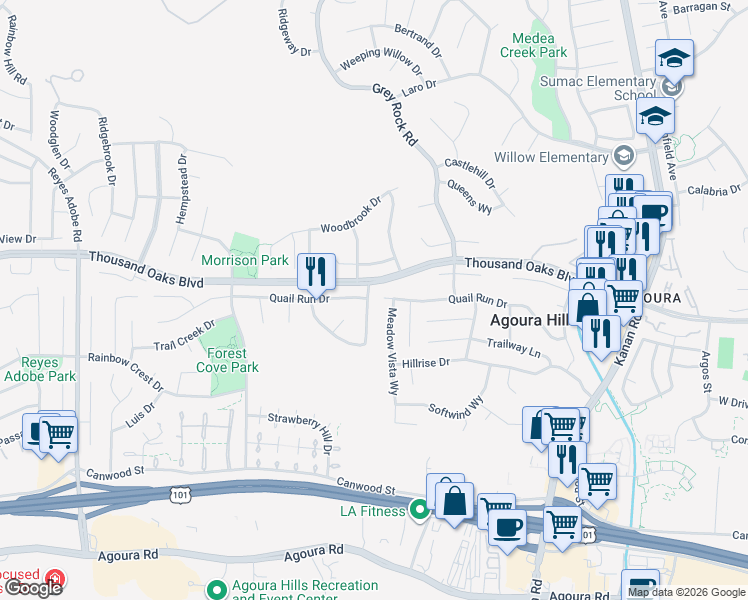 map of restaurants, bars, coffee shops, grocery stores, and more near 5666 Silver Valley Avenue in Agoura Hills