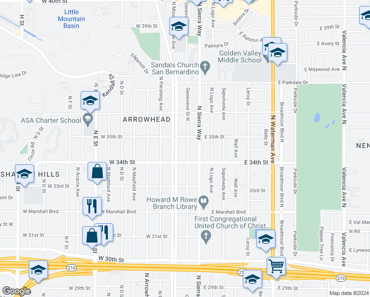 map of restaurants, bars, coffee shops, grocery stores, and more near 3456 Genevieve Street North in San Bernardino