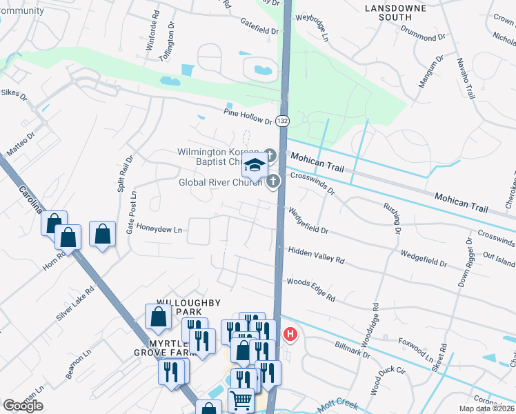 map of restaurants, bars, coffee shops, grocery stores, and more near 4401 Exuma Lane in Wilmington