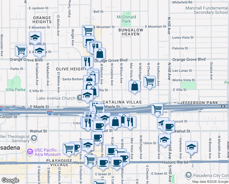 map of restaurants, bars, coffee shops, grocery stores, and more near 437 North Catalina Avenue in Pasadena