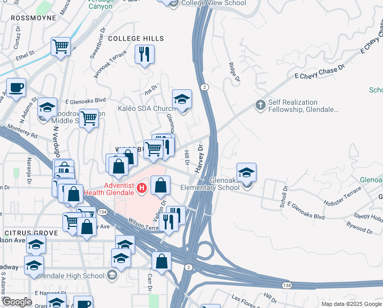 map of restaurants, bars, coffee shops, grocery stores, and more near 1917 Eden Avenue in Glendale