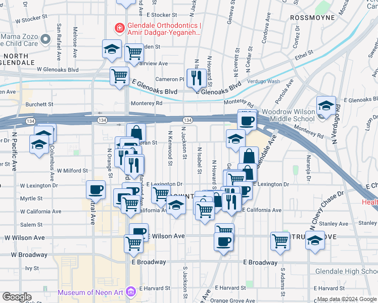 map of restaurants, bars, coffee shops, grocery stores, and more near 528 North Jackson Street in Glendale