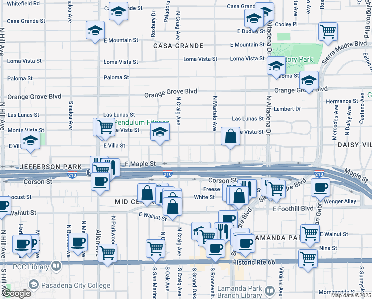 map of restaurants, bars, coffee shops, grocery stores, and more near 2173 Dolores Street in Pasadena
