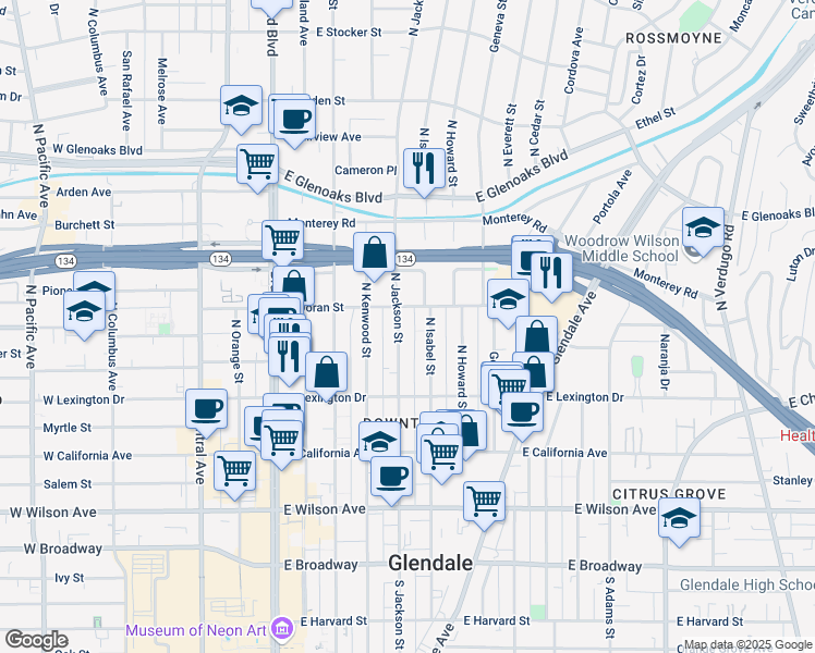 map of restaurants, bars, coffee shops, grocery stores, and more near 528 North Jackson Street in Glendale