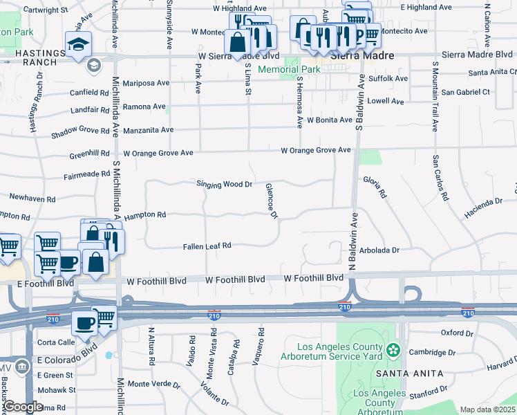 map of restaurants, bars, coffee shops, grocery stores, and more near 920 Hampton Road in Arcadia