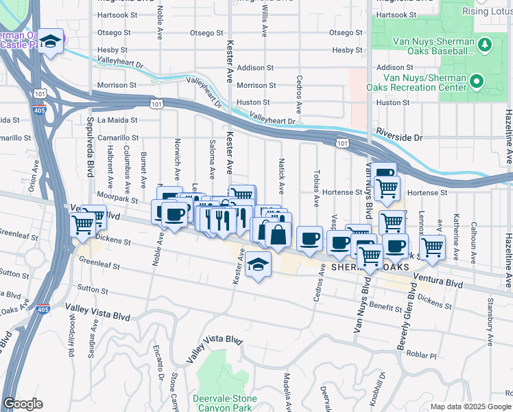 map of restaurants, bars, coffee shops, grocery stores, and more near 4573 Willis Avenue in Los Angeles