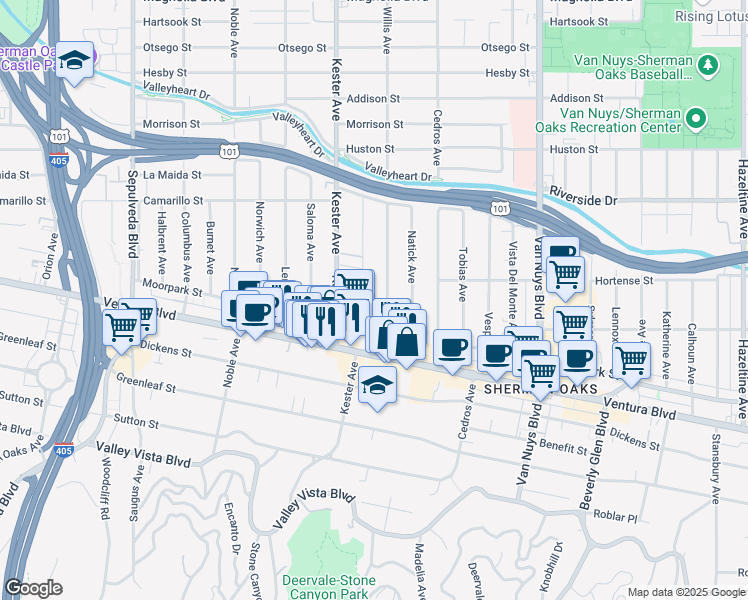 map of restaurants, bars, coffee shops, grocery stores, and more near 14845 Ventura Boulevard in Los Angeles