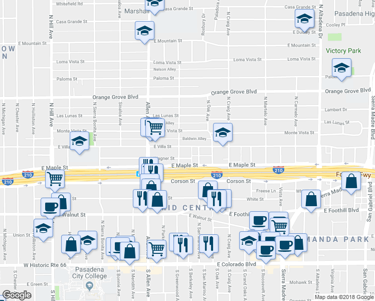 map of restaurants, bars, coffee shops, grocery stores, and more near 1960 East Villa Street in Pasadena