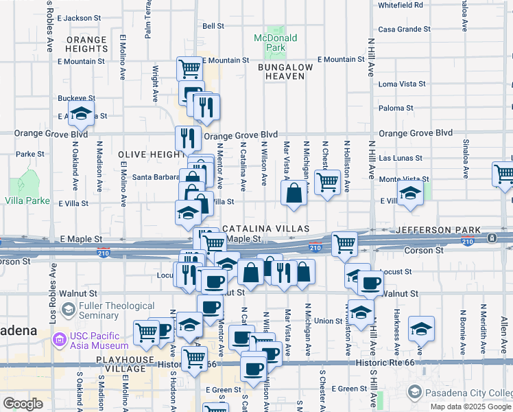 map of restaurants, bars, coffee shops, grocery stores, and more near 432 North Wilson Avenue in Pasadena