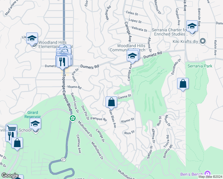 map of restaurants, bars, coffee shops, grocery stores, and more near 4980 Alatar Drive in Los Angeles
