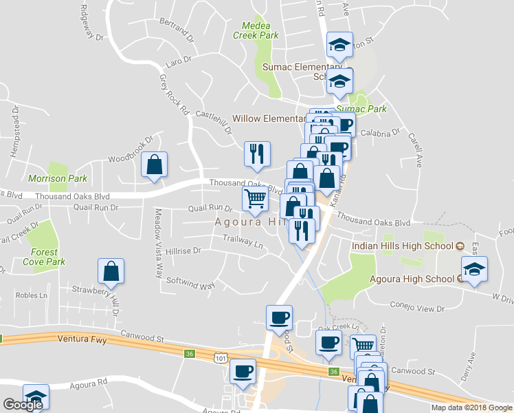 map of restaurants, bars, coffee shops, grocery stores, and more near 29185 Quail Run Drive in Agoura Hills