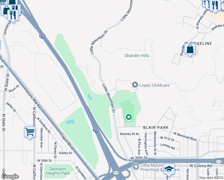 map of restaurants, bars, coffee shops, grocery stores, and more near 1480 West Edgehill Road in San Bernardino