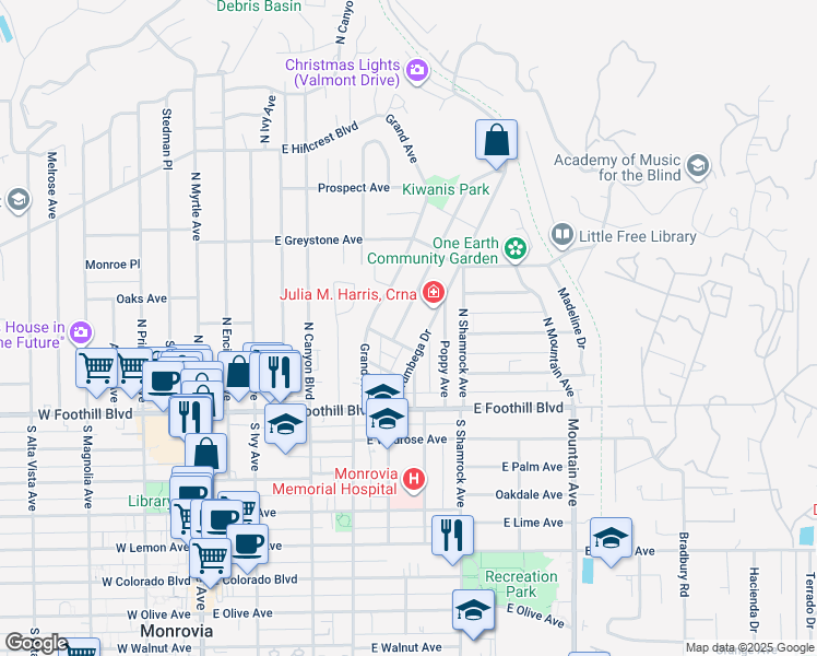 map of restaurants, bars, coffee shops, grocery stores, and more near 442 Sierra Vista Avenue in Monrovia