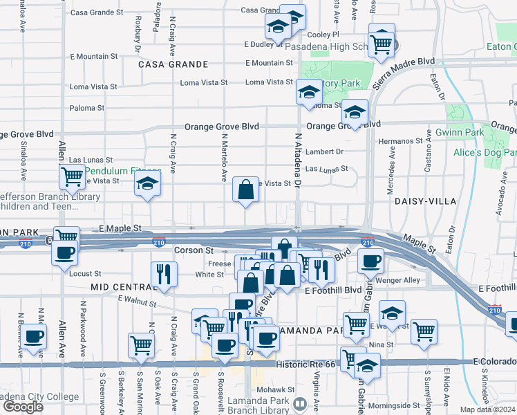 map of restaurants, bars, coffee shops, grocery stores, and more near 425 North Carmelo Avenue in Pasadena
