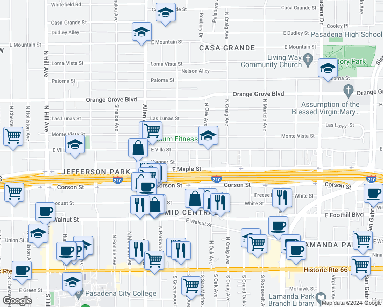 map of restaurants, bars, coffee shops, grocery stores, and more near 1956 Wagner Street in Pasadena