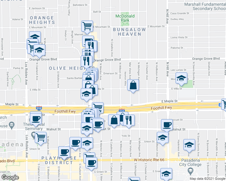 map of restaurants, bars, coffee shops, grocery stores, and more near 437 North Catalina Avenue in Pasadena