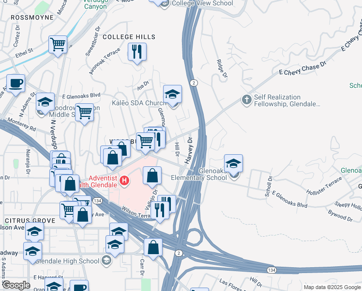 map of restaurants, bars, coffee shops, grocery stores, and more near 1917 Eden Avenue in Glendale