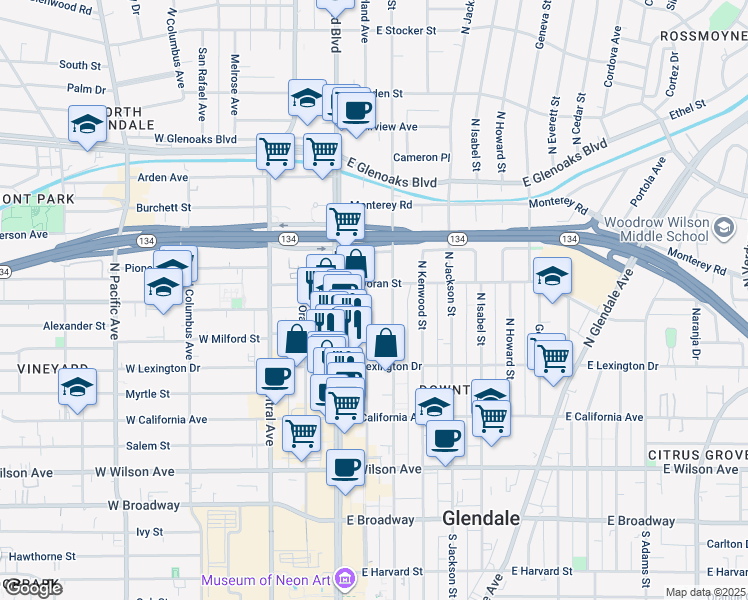 map of restaurants, bars, coffee shops, grocery stores, and more near 500 East Milford Street in Glendale