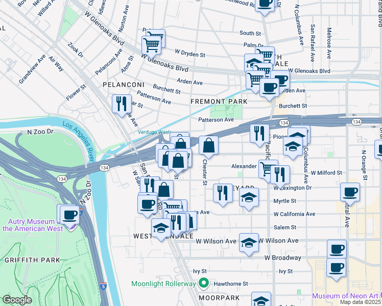 map of restaurants, bars, coffee shops, grocery stores, and more near 533 Chester Street in Glendale