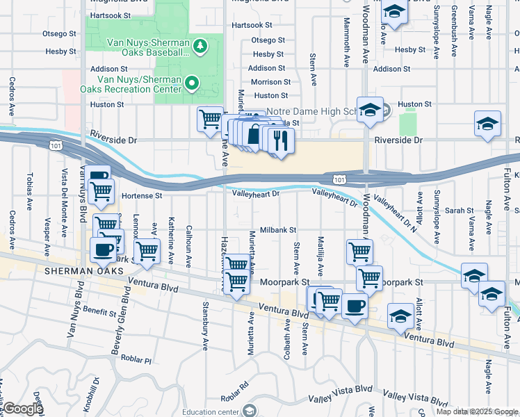 map of restaurants, bars, coffee shops, grocery stores, and more near 4525 Murietta Avenue in Los Angeles