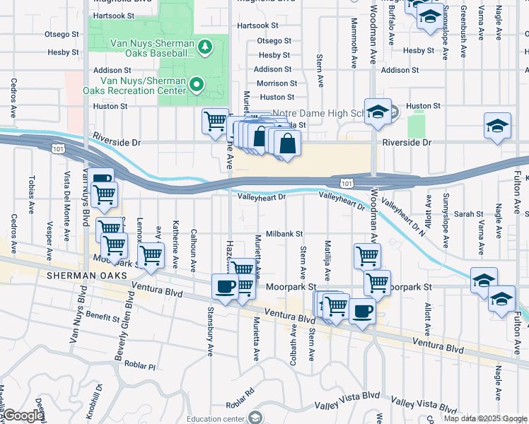 map of restaurants, bars, coffee shops, grocery stores, and more near 4525 Murietta Avenue in Los Angeles