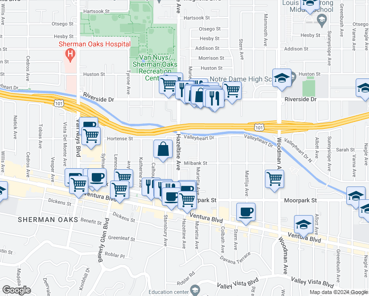 map of restaurants, bars, coffee shops, grocery stores, and more near 4515 1/2 Hazeltine Avenue in Los Angeles